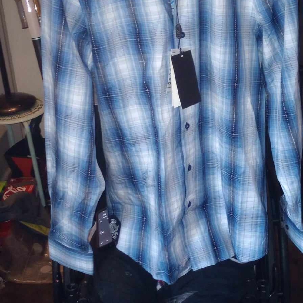 Coogi long sleeve button down blue plaid shirt